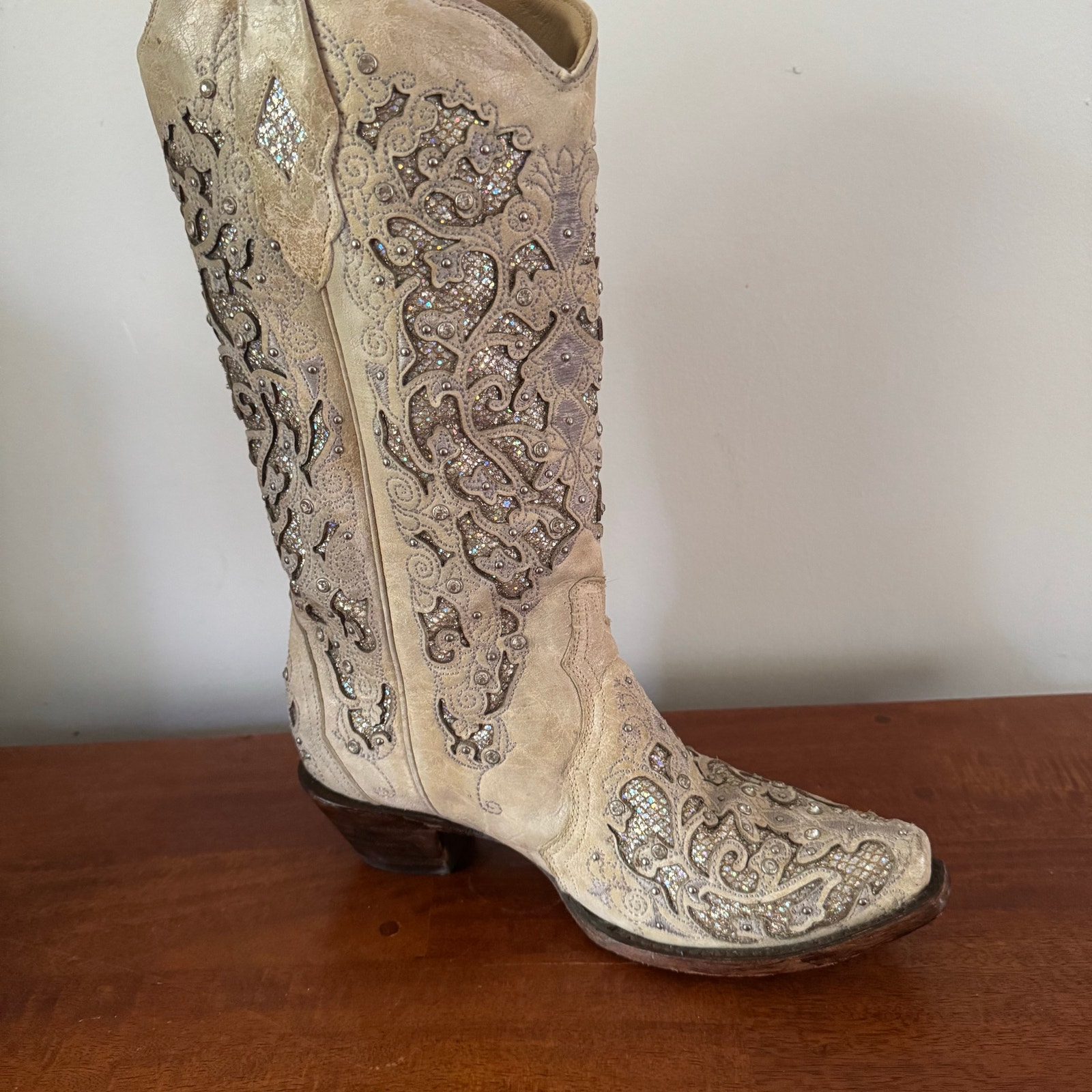 Corral Womens White Western Cowboy Boots 7m Glitter Crystals Wedding A3322